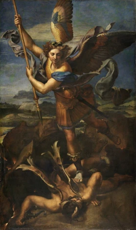 Reprodukcja Saint Michael Vanquishing Satan, Rafael Santi - Wzór graficzny. Postać świętego Michała w zbroi z mieczem