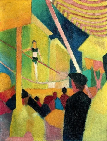 Reprodukcja Seiltanzerin, August Macke - Wzór graficzny. Obraz przedstawia osobę na linie, z tłem w intensywnych kolorach