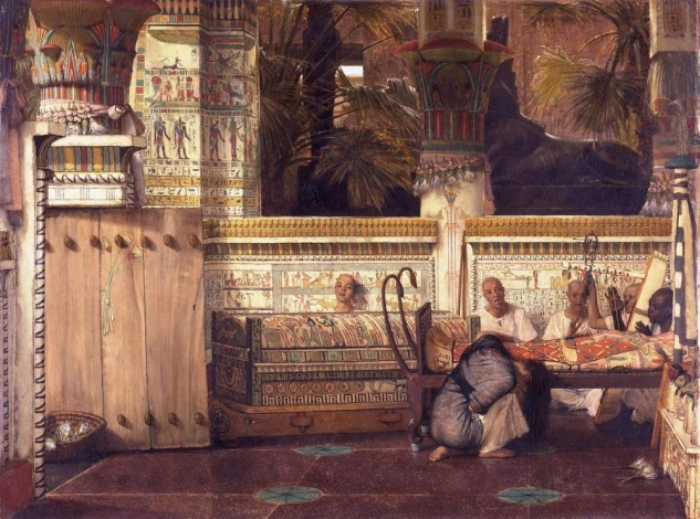 Reprodukcja The Egyptian widow, Lawrence Alma-Tadema - Aranżacja w wnętrzu z elementami egipskimi. Ściany zdobione