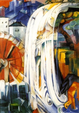 Reprodukcja The enchanted mill, Franz Marc - Wzór graficzny. Obraz przedstawia młyn, wodospad oraz dynamiczne kształty