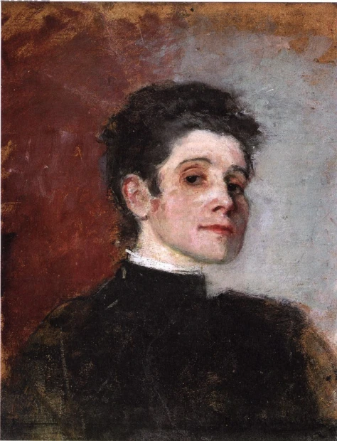Reprodukcja Autoportret 1896, Olga Boznańska - Wzór graficzny. Postać kobieca z lekko uniesioną głową na tle ciemnych barw