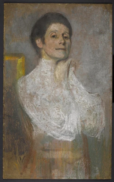 Reprodukcja Autoportret 1906, Olga Boznańska - Wzór graficzny. Postać kobieca z delikatnym uśmiechem, w białej bluzce