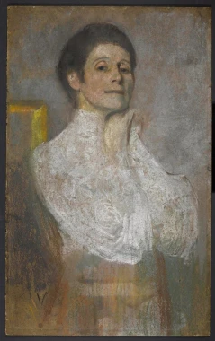 Reprodukcja Autoportret 1906, Olga Boznańska - Wzór graficzny. Postać kobieca z delikatnym uśmiechem, w białej bluzce