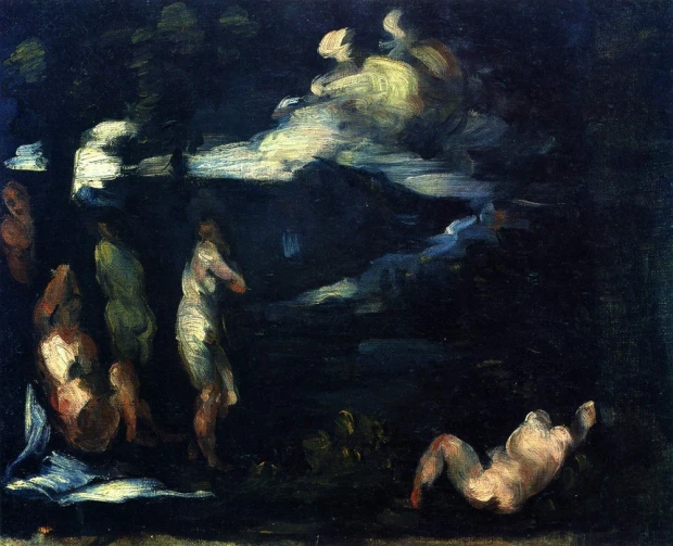 Reprodukcja obrazu Badende Paula Cézanne’a przedstawiająca kąpiące się postaci w ciemnej, ekspresyjnej tonacji