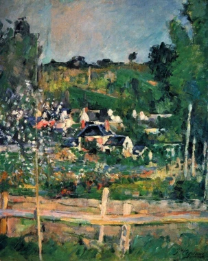 Reprodukcja Blick auf Auvers-sur-Oise, Der Zaun, Paul Cezanne - Wzór graficzny. Obraz przedstawia wiejskie krajobrazy