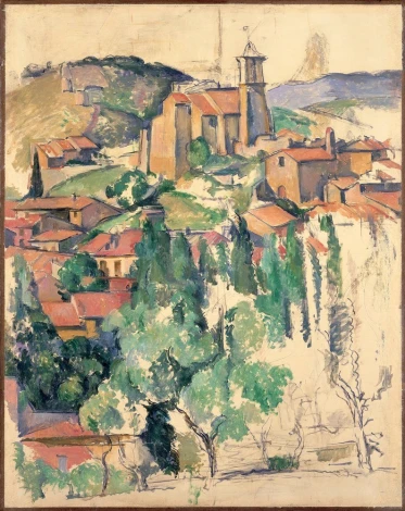 Reprodukcja Blick auf Gardanne, Paul Cezanne - Wzór graficzny. Obraz przedstawia wiejskie domy, kościół oraz zieleń