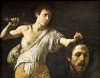 Reprodukcja Dawid z głową Goliata, Michelangelo Caravaggio - Wzór graficzny. Postać młodzieńca trzymającego głowę w jednej