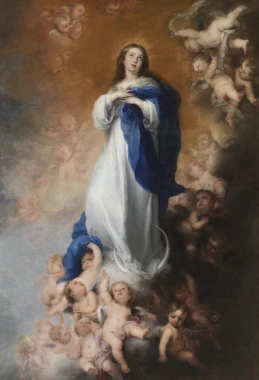 Reprodukcja Immaculate of Soult, Bartolome Esteban Murillo - Wzór graficzny. Postać Maryi w białej szacie otoczona aniołkami