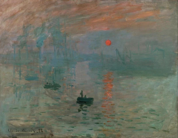 Reprodukcja Impression, Sunrise, Claude Monet - Wzór graficzny. Obraz przedstawia łódź na wodzie, z zachodem słońca w tle