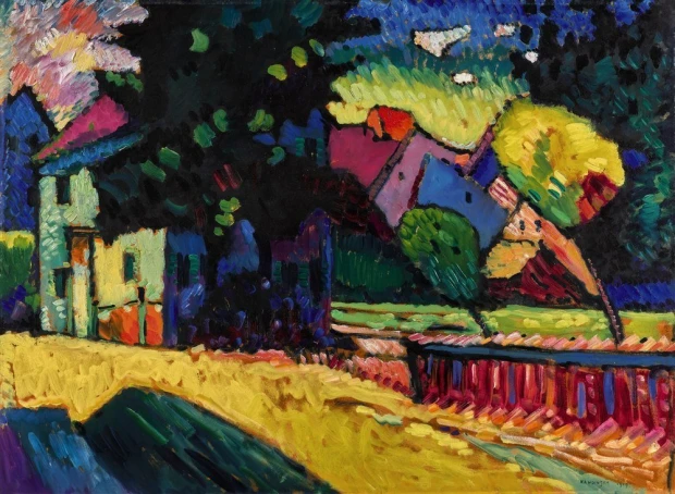 Reprodukcja Landschaft mit grunem Haus, Wassily Kandinsky - Wzór graficzny. Obraz przedstawia kolorowe, abstrakcyjne