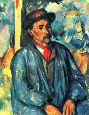 Reprodukcja Man in a Blue Smoc, Paul Cezanne - Wzór graficzny. Postać mężczyzny w niebieskiej odzieży, z kapeluszem, w tle