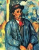 Reprodukcja Man in a Blue Smoc, Paul Cezanne - Wzór graficzny. Postać mężczyzny w niebieskiej odzieży, z kapeluszem, w tle
