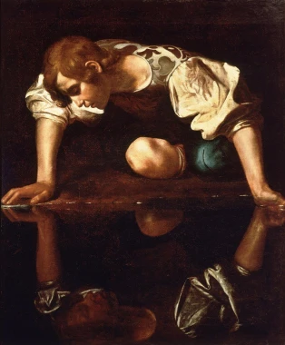 Reprodukcja Narcyz, Michelangelo Caravaggio - Wzór graficzny. Postać mężczyzny pochylona nad wodą, odbicie w lustrze