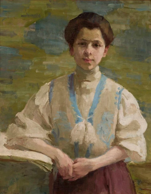 Reprodukcja Autoportret 1893, Olga Boznańska - Wzór graficzny. Postać kobieca w jasnym stroju, z rękami złożonymi