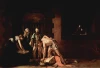 Reprodukcja The beheading of St. John the Baptist, Michelangelo Caravaggio - Wzór graficzny. Postacie w ciemnym