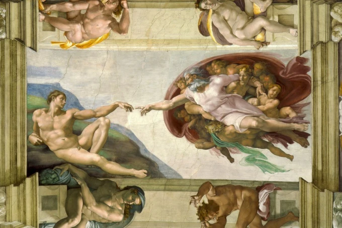 Reprodukcja The Creation of Adam, Michelangelo - Wzór graficzny. Centralny motyw to wyciągnięte ręce Boga i Adama. W tle