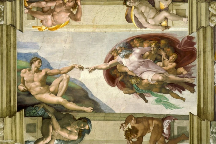 Reprodukcja The Creation of Adam, Michelangelo - Wzór graficzny. Centralny motyw to wyciągnięte ręce Boga i Adama. W tle