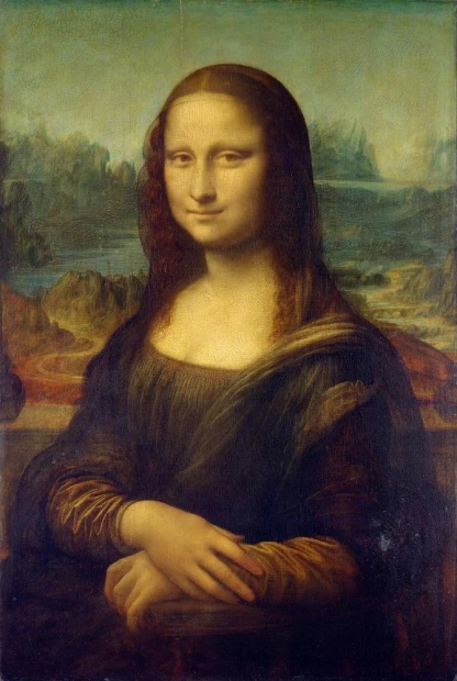 Reprodukcja The Mona Lisa or La Gioconda, Leonardo da Vinci - Wzór graficzny. Postać kobiety z uśmiechem, w ciemnym stroju
