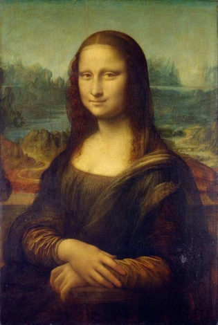 Reprodukcja The Mona Lisa or La Gioconda, Leonardo da Vinci - Wzór graficzny. Postać kobiety z uśmiechem, w ciemnym stroju