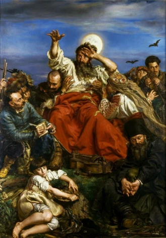 Reprodukcja Wernyhora, Jan Matejko - Wzór graficzny. Postacie w różnych pozach, dominujący czerwony płaszcz, tło z niebem