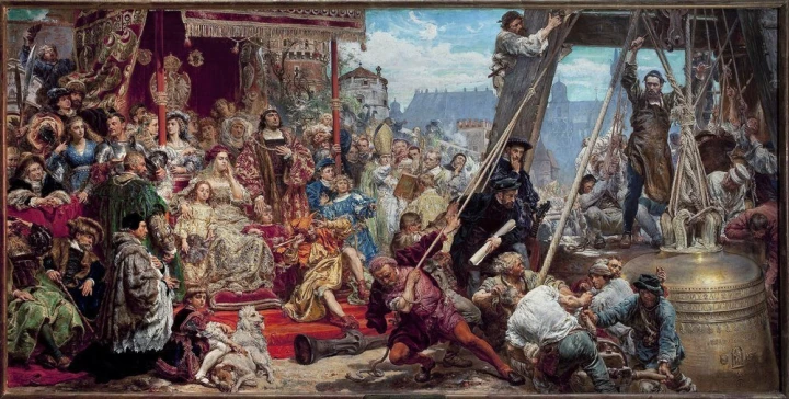 Reprodukcja Zawieszenie Dzwonu Zygmunta na wieży katedry w Krakowie w 1521 roku, Jan Matejko - Wzór graficzny. Obraz