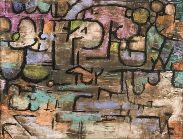 Reprodukcja After The Flood, Paul Klee - Wzór graficzny. Abstrakcyjne kształty w różnych kolorach, linie i plamy