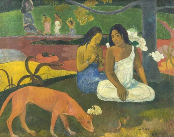 Reprodukcja Arearea, Gauguin Paul - Wzór graficzny. Dwie postacie siedzą wśród roślinności, obok pies. Kolory intensywne