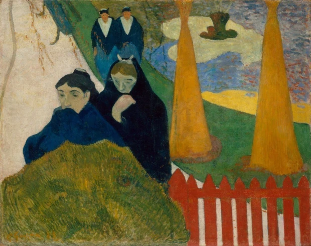 Reprodukcja Arlesiennes Mistral, Gauguin Paul - Wzór graficzny. Dwie postacie w ciemnych strojach, w tle drzewa i kolorowe