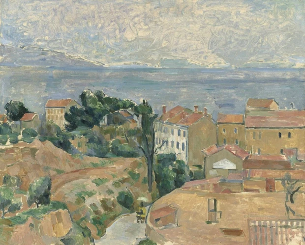 Reprodukcja Blick auf LEstaque, Paul Cezanne - Wzór graficzny. Widoczne domy, drzewa, morze oraz niebo w odcieniach