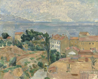 Reprodukcja Blick auf LEstaque, Paul Cezanne - Wzór graficzny. Widoczne domy, drzewa, morze oraz niebo w odcieniach
