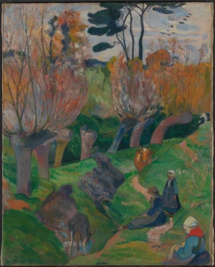 Reprodukcja Bretagnelandskap med kuer, Gauguin Paul - Wzór graficzny. Obraz przedstawia krajobraz z drzewami, postaciami