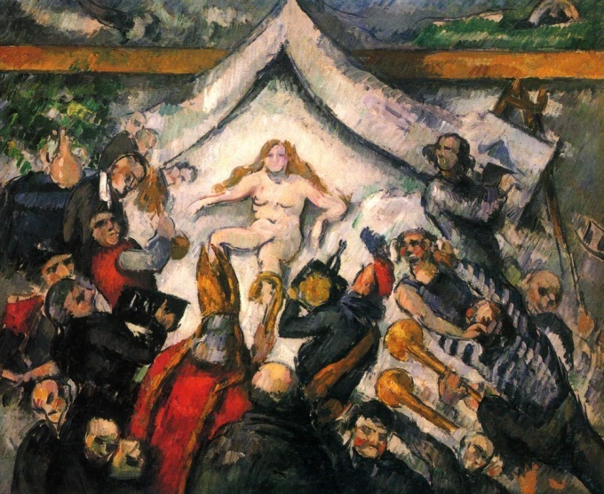 Reprodukcja Das Ewig-Weibliche, Paul Cezanne - Wzór graficzny. Centralna postać nagiej kobiety otoczona przez grupę ludzi