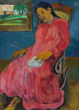 Reprodukcja Faaturuma - Melancholic, Gauguin Paul - Wzór graficzny. Postać kobiety w różowej sukni siedzi na krześle, z ręką