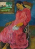 Reprodukcja Faaturuma - Melancholic, Gauguin Paul - Wzór graficzny. Postać kobiety w różowej sukni siedzi na krześle, z ręką