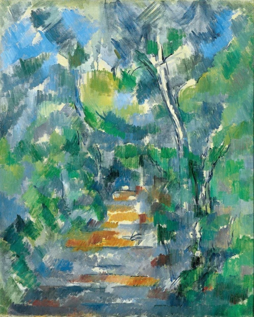 Reprodukcja obrazu Paula Cézanne’a pod tytułem Forest Scene przedstawiająca leśną ścieżkę wśród drzew