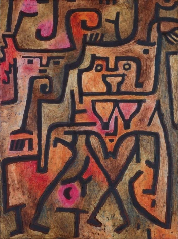Reprodukcja Forest Witches, Paul Klee - Wzór graficzny. Abstrakcyjne kształty w odcieniach brązu, czerwieni i czerni