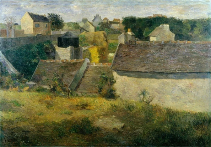 Reprodukcja Houses at Vaugirard, Gauguin Paul - Wzór graficzny. Obraz przedstawia wiejskie domy z dachami pokrytymi