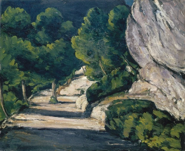 Reprodukcja obrazu Paula Cézanne Landscape. Road with Trees in Rocky Mountains przedstawiająca drogę wśród skał