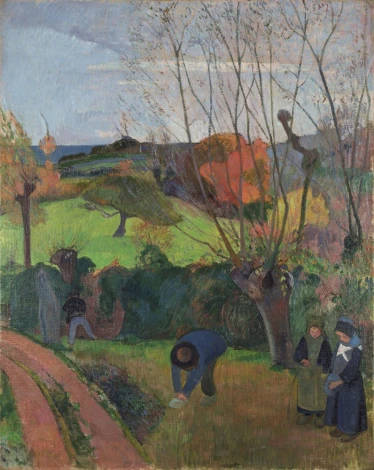 Reprodukcja Le saule, Gauguin Paul - Wzór graficzny. Obraz przedstawia postacie w ogrodzie, drzewa i krajobraz