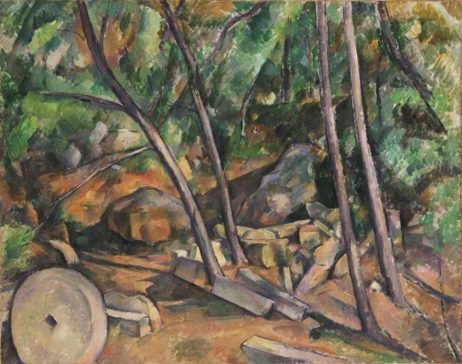 Reprodukcja Millstone in the Park of the Chateau Noir, Paul Cezanne - Wzór graficzny. Obraz przedstawia kamienie, drzewa