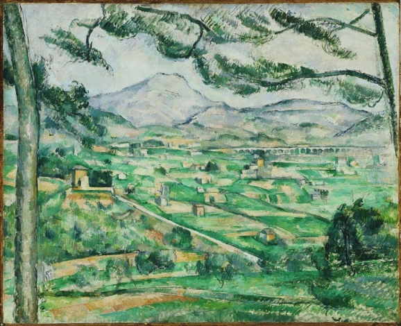 Reprodukcja Mont Sainte-Victoire, Paul Cezanne - Wzór graficzny. Obraz przedstawia krajobraz z górami, drzewami