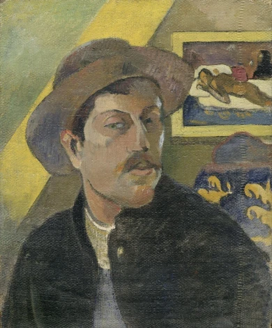 Reprodukcja Self-portrait with a hat, Gauguin Paul - Wzór graficzny. Mężczyzna w kapeluszu, z wyraźnym zarysem twarzy i tłem