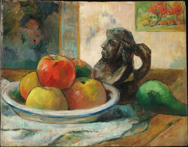 Reprodukcja obrazu Paula Gauguina Still Life with Apples, a Pear, and a Ceramic Portrait Jug z martwą naturą