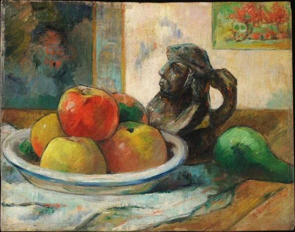 Reprodukcja Still Life with Apples, a Pear, and a Ceramic Portrait Jug, Gauguin Paul - Wzór graficzny. Na obrazie widoczna