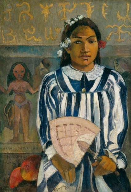 Reprodukcja obrazu Paula Gauguina pod tytułem The Ancestors of Tehamana przedstawiająca portret Tahitanki z wachlarzem