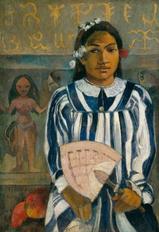 Reprodukcja The Ancestors of Tehamana, Gauguin Paul - Wzór graficzny. Postać kobiety w pasiastym stroju trzyma wachlarz