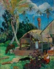Reprodukcja The Black Pigs, Gauguin Paul - Wzór graficzny. Obraz przedstawia krajobraz z palmami, domem i postaciami