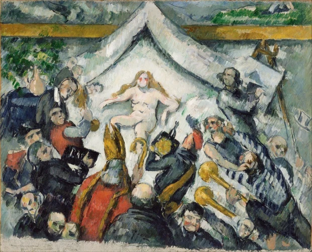 Reprodukcja obrazu Paula Cezanne\'a pod tytułem The Eternal Feminine przedstawiająca nagą kobietę w otoczeniu tłumu