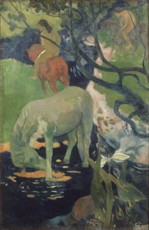 Reprodukcja The White Horse, Gauguin Paul - Wzór graficzny. Obraz przedstawia konia pijącego wodę, postacie na koniach