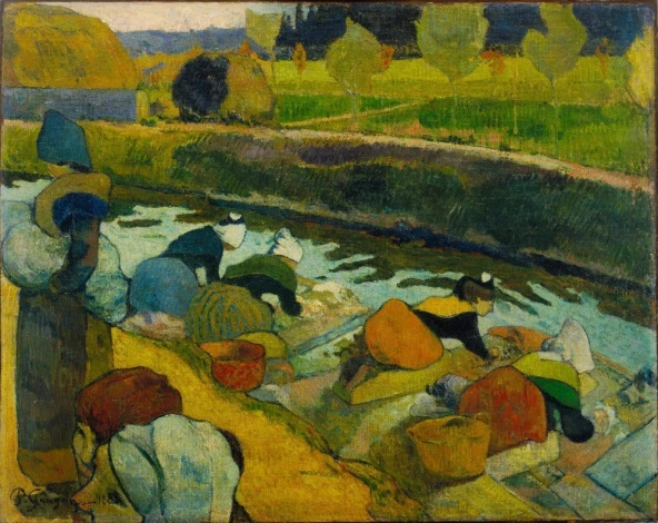 Reprodukcja Washerwomen, Gauguin Paul - Wzór graficzny. Obraz przedstawia kobiety przy wodzie, zajęte praniem, w otoczeniu